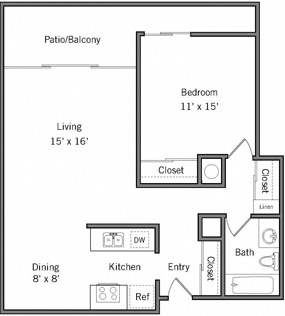Floor plan for 1 bed, 1 bath, 700 sqft